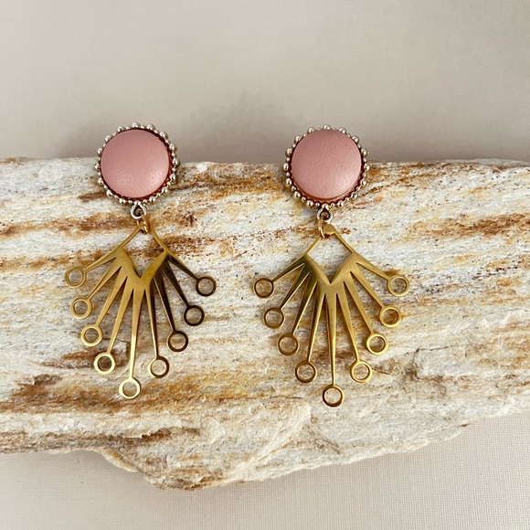 Gold & Pink Art Nouveau-Inspired Dangle Earrings - Trendy Retro Earrings - Picture 7 of 12